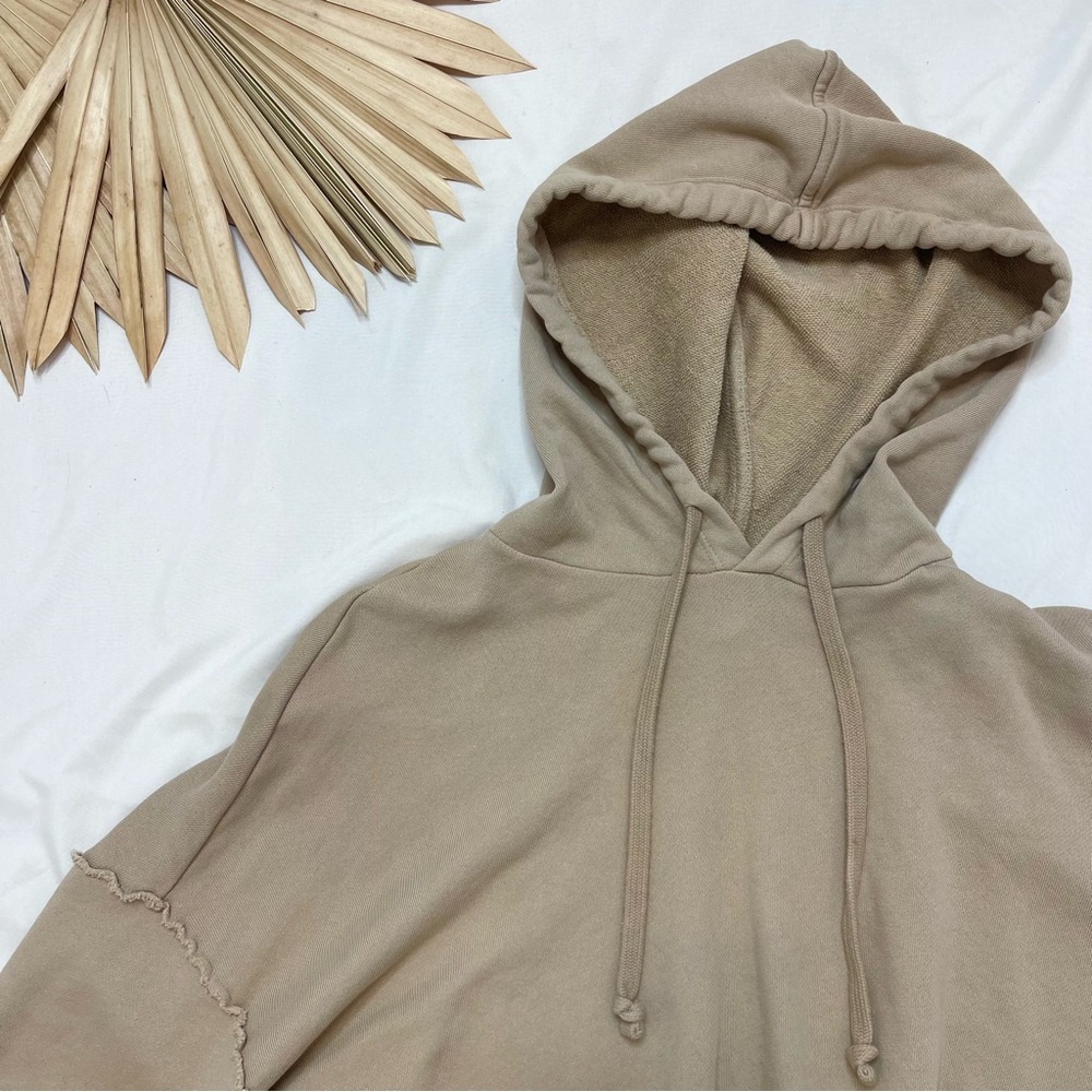 Eileen Fisher Organic Cotton Cropped Khaki Tan Raw Hem Lounge Hoodie Sweatshirt - Picture 6 of 10